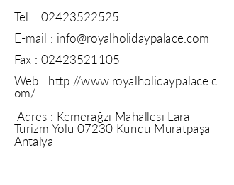 Royal Holiday Palace iletiim bilgileri